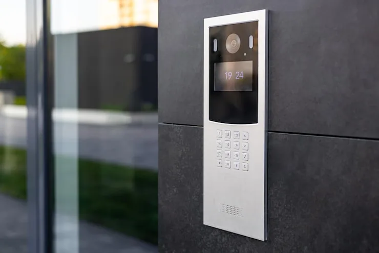 Video door phone intercom panel at building entrance